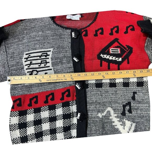 Vintage Sweater Loft Abstract Piano Music Knit Cardigan 80s 90s Art Sweater Med - Picture 6 of 9